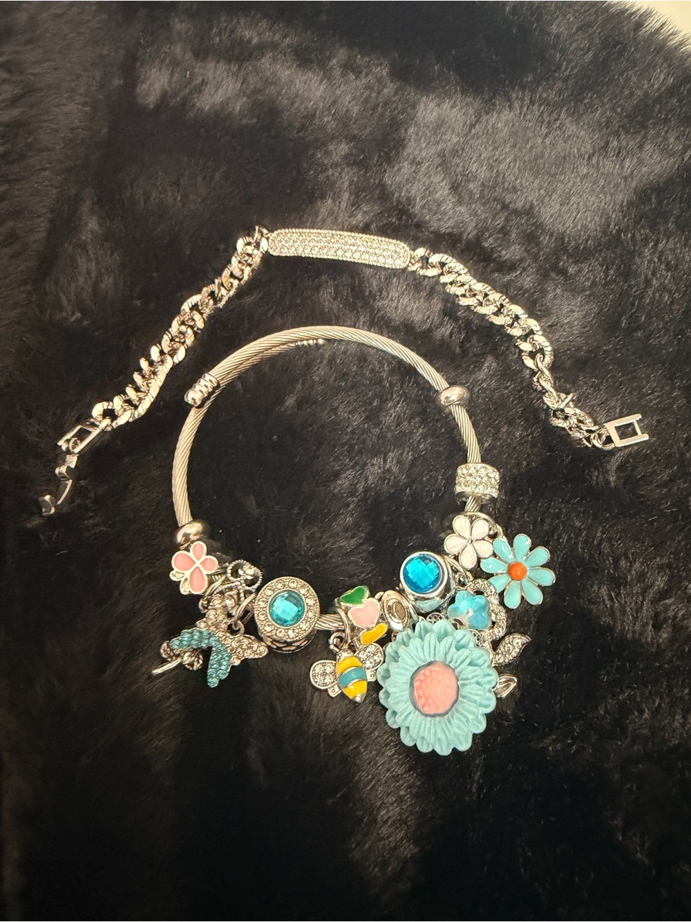 Silver Charm adjustable Bangle Bracelet with Turquoise & Pink Floral Charms